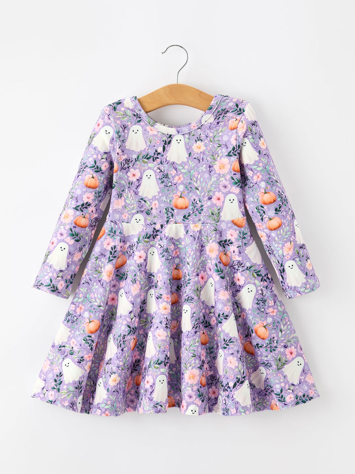 Ghost Pumpkin Girls Long Sleeve Twirl Dress