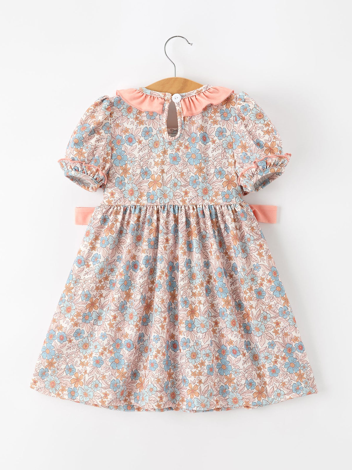 Floral Girls Dress Smocked Ruffle Neck Bow
