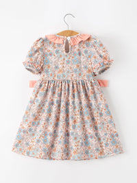 Floral Girls Dress Smocked Ruffle Neck Bow