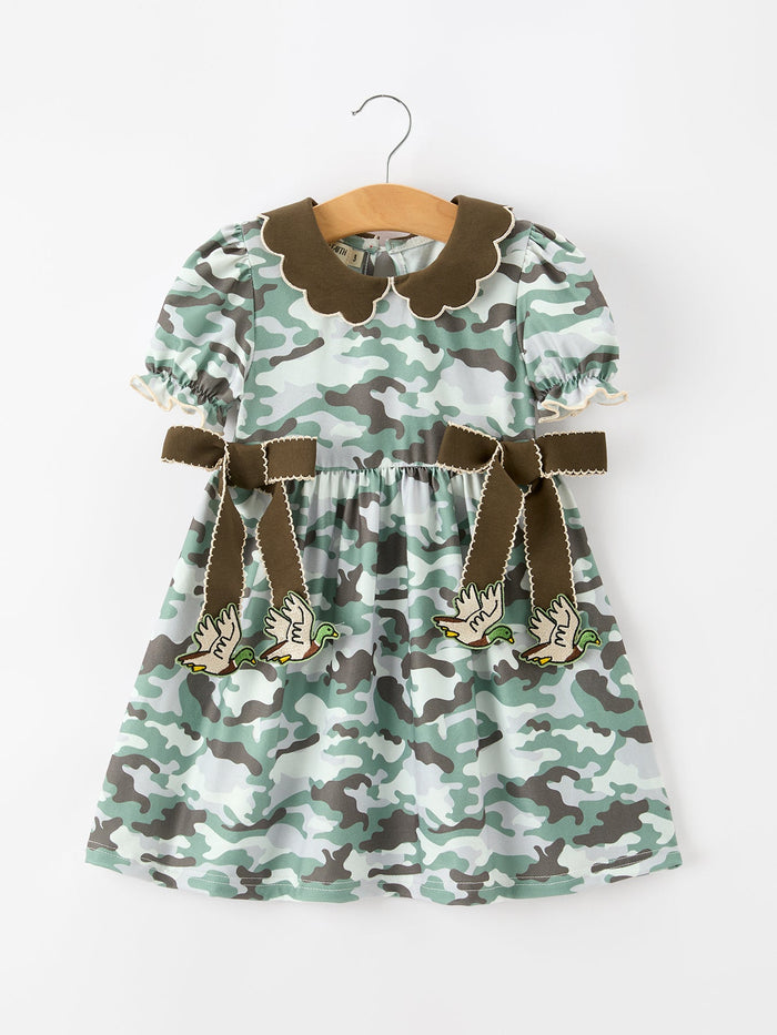 Camo Bow Girls Puff Sleeve Twirl Dress