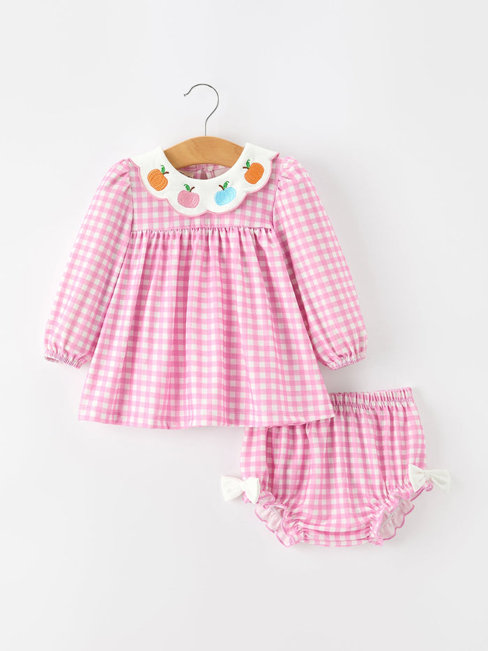 Fall Pumpkin Embroidery Pink Plaid Girls Bloomer Set