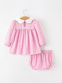 Fall Pumpkin Embroidery Pink Plaid Girls Bloomer Set
