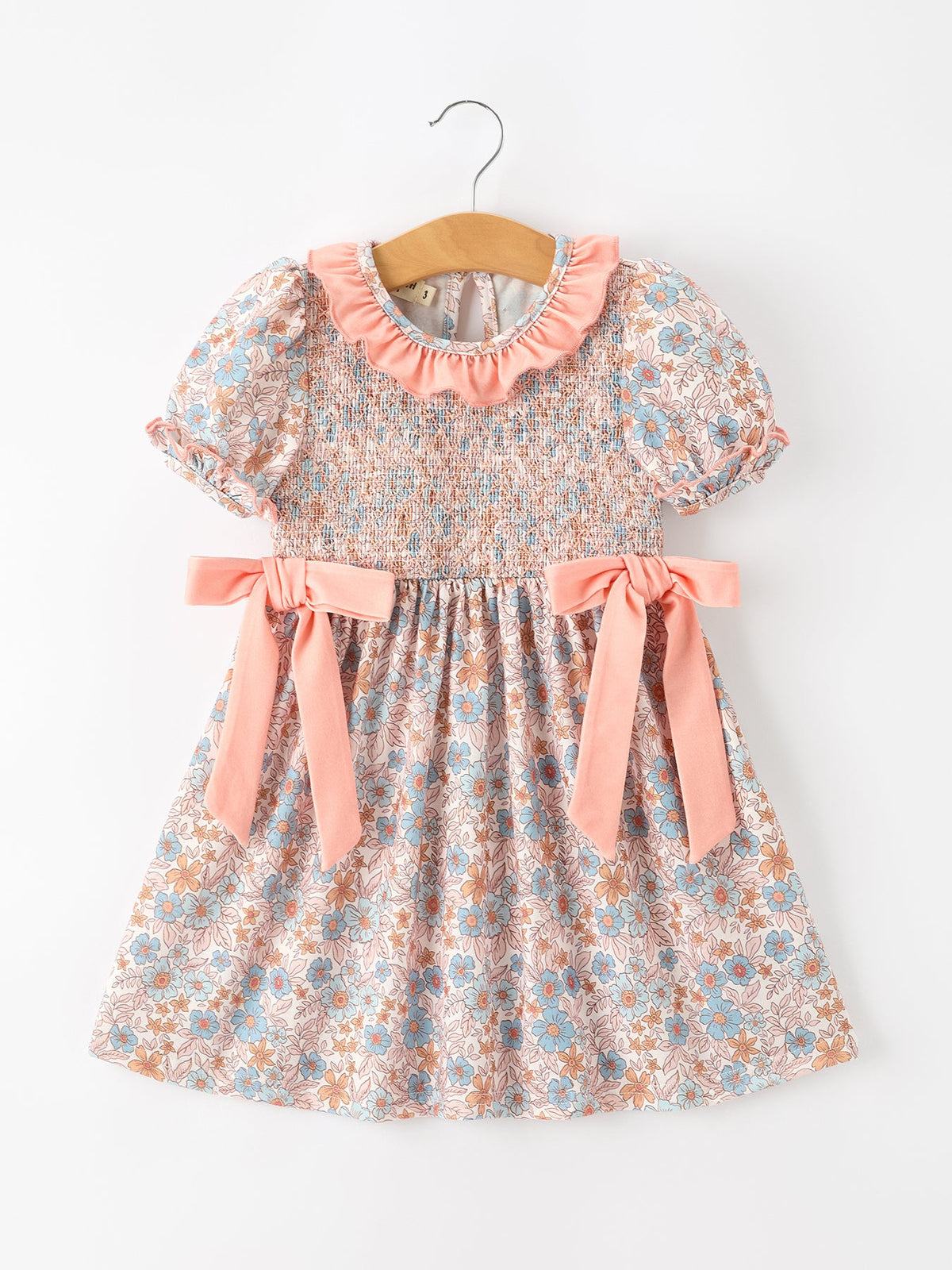 Floral Girls Dress Smocked Ruffle Neck Bow