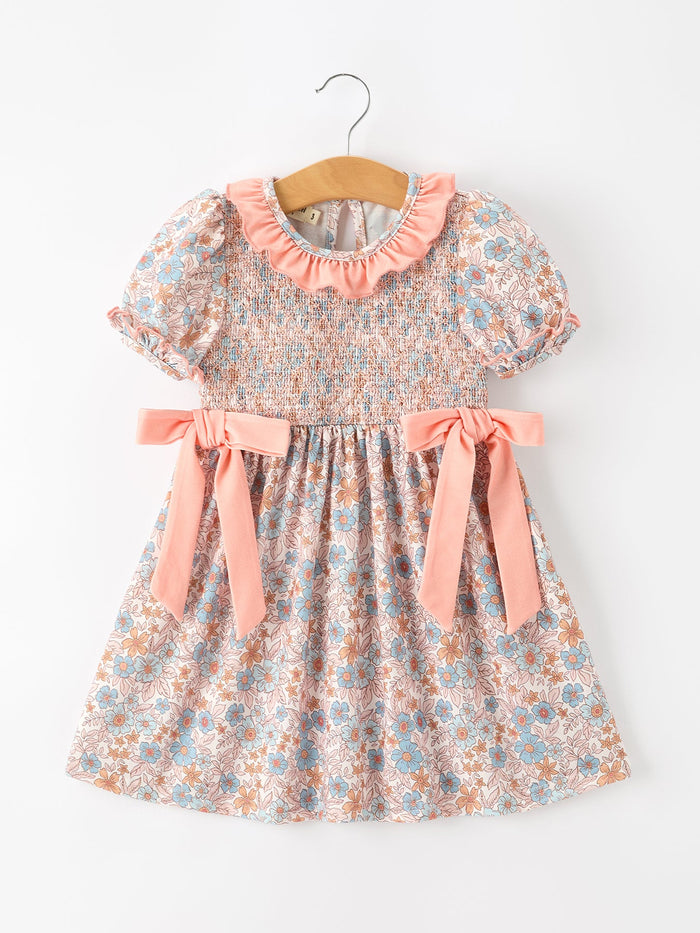 Floral Girls Dress Smocked Ruffle Neck Bow