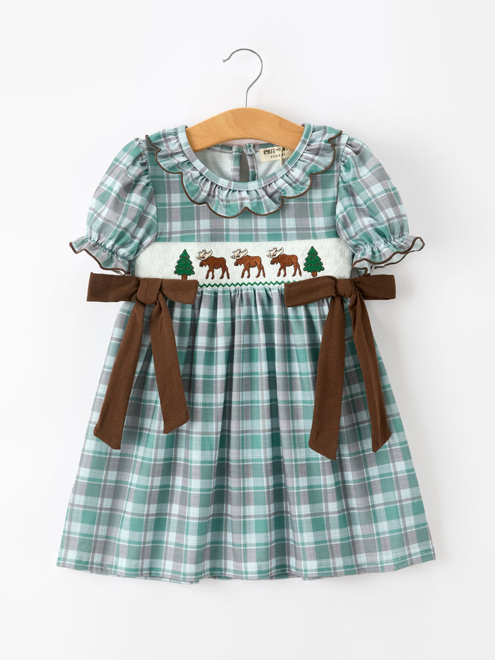 Moose Smocked Girls Puff Sleeve Dress