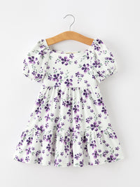 Lavender Floral Puff Sleeve Girls Dress