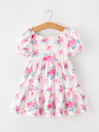 Pink Floral Puff Sleeve Girls Dress