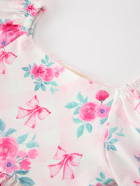 Pink Floral Puff Sleeve Girls Dress