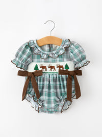 Moose Smocked Baby Girl Bubble Romper