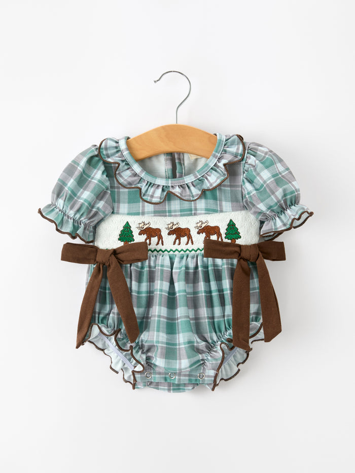 Moose Smocked Baby Girl Bubble Romper