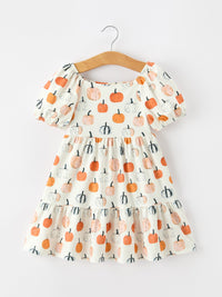 Pumpkin Puff Sleeve Girls Dress