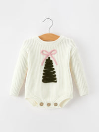 Winter Christmas Tree Girls Knit Romper Bow Long Sleeve