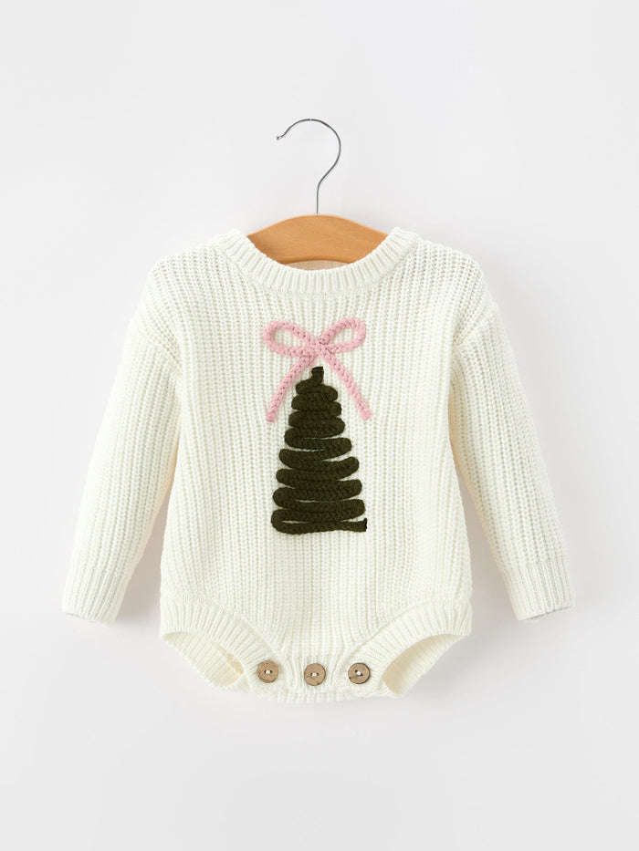 Winter Christmas Tree Girls Knit Romper Bow Long Sleeve