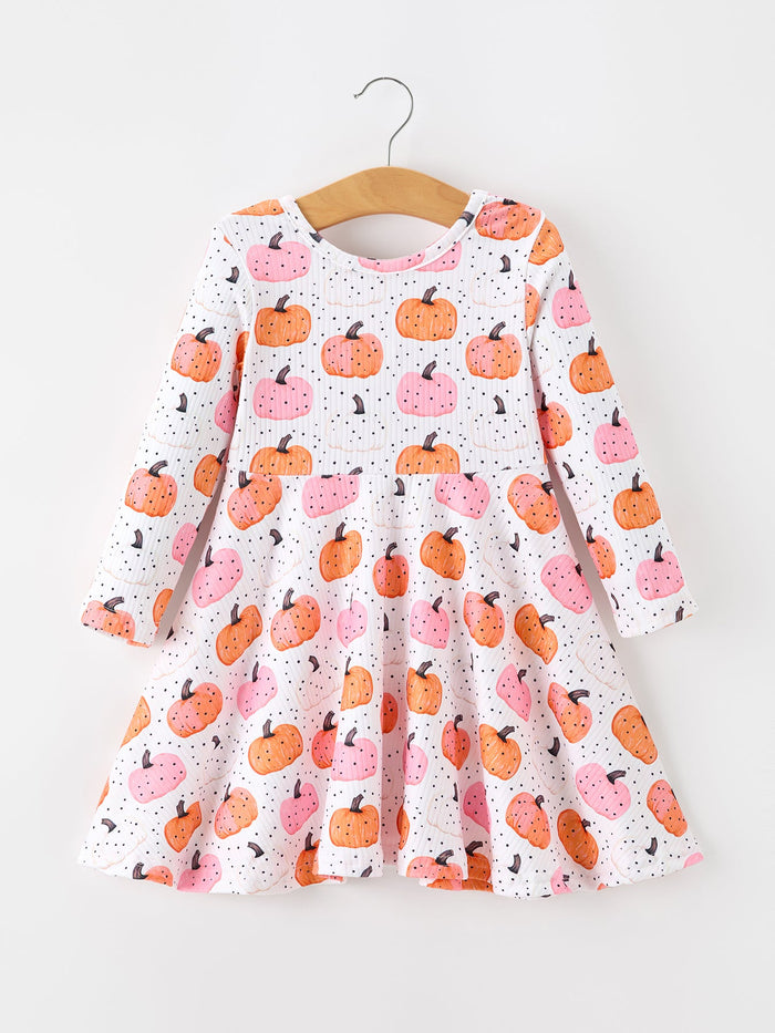 Pumpkin Print Girls Twirl Dress Long Sleeve
