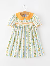 Fall Smocked Floral & Stripe Baby Girl Dress with Scallop Collar