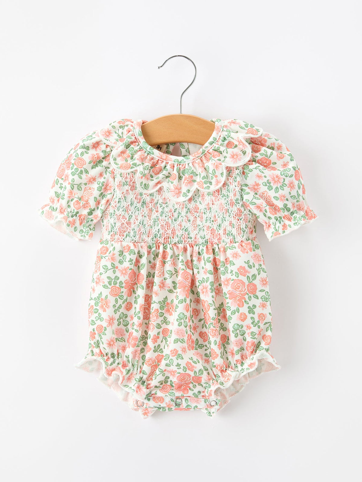 Blush Floral Baby Romper Smocked Petal Collar
