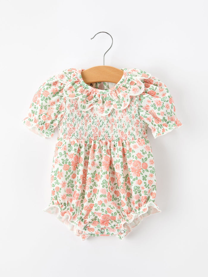 Blush Floral Baby Romper Smocked Petal Collar