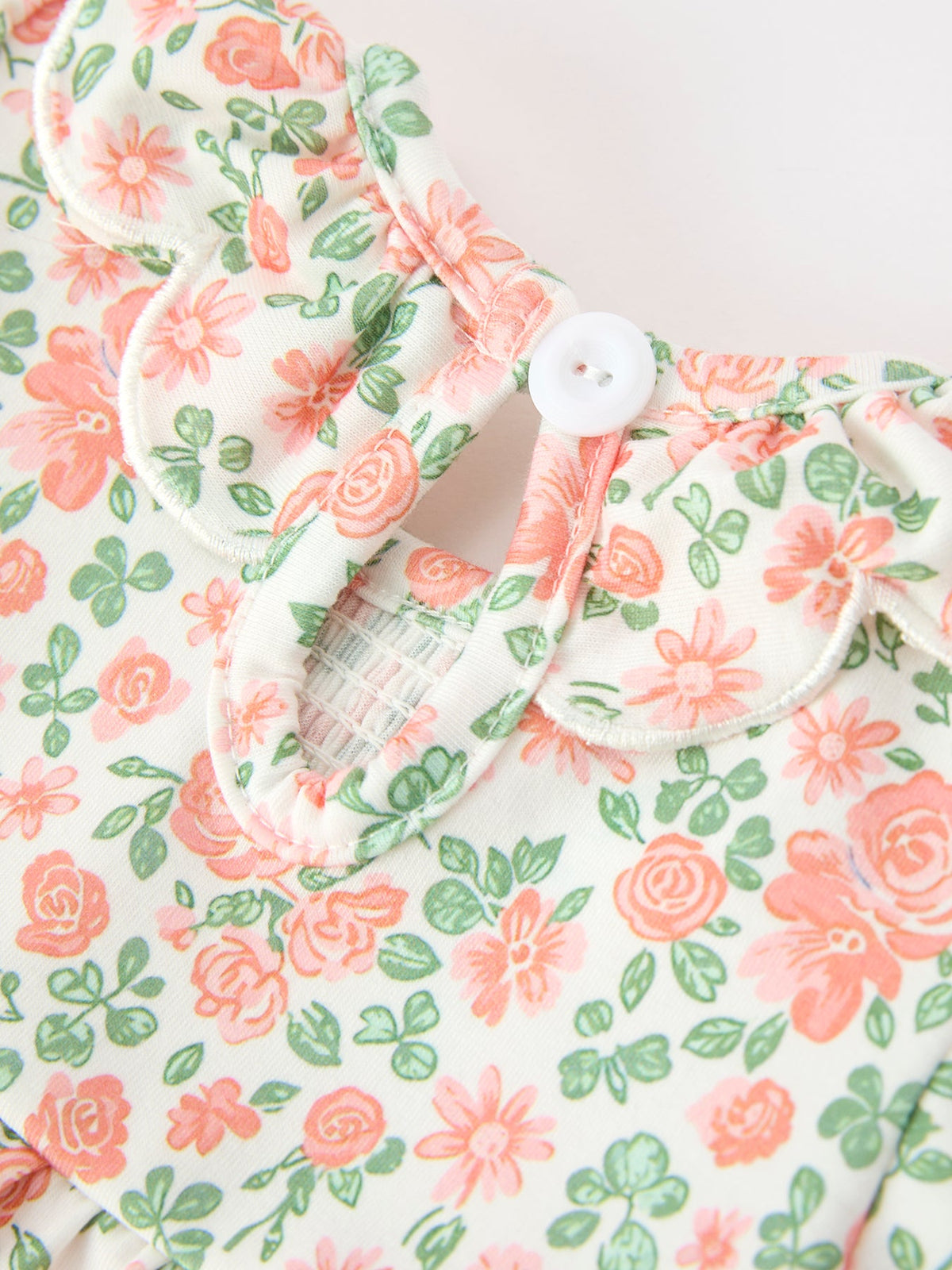 Blush Floral Baby Romper Smocked Petal Collar