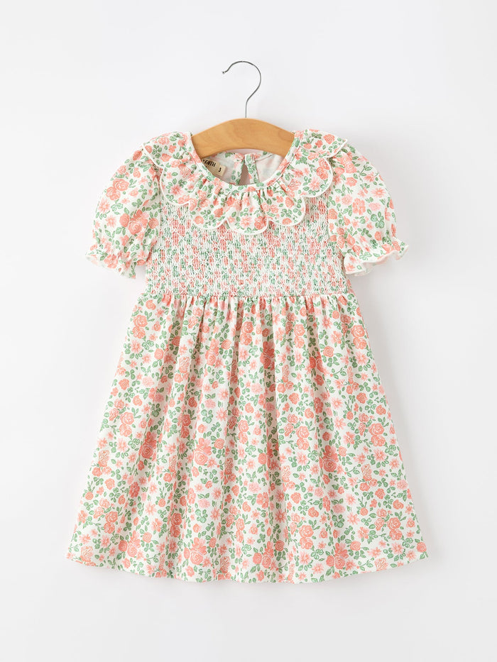 Blush Floral Girls Dress Smocked Petal Collar