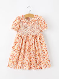Rust Floral Baby Girls Dress Smocked Petal Collar