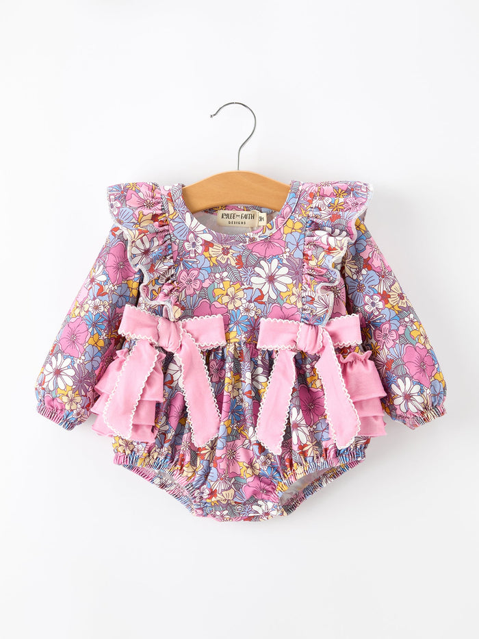 Vintage Floral Print Girls Long Sleeve Romper