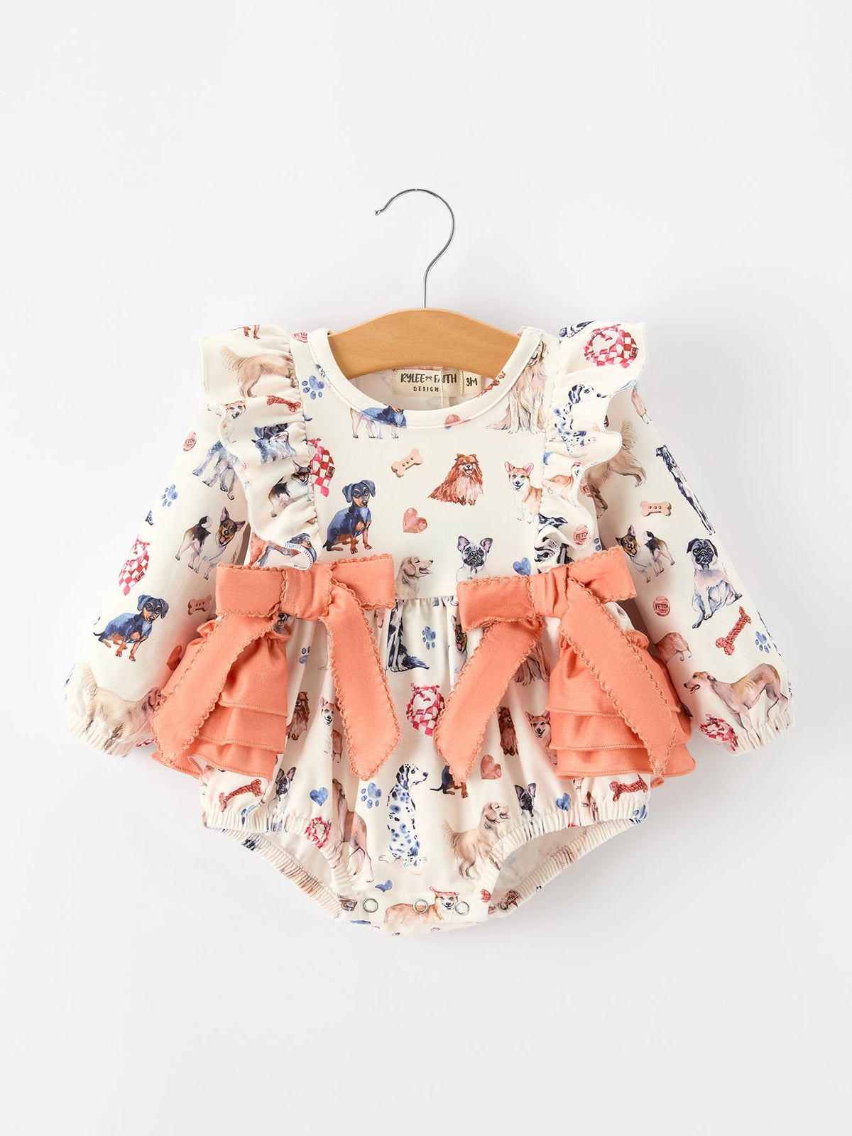 Dog Print Girls Long Sleeve Ruffle Bow Romper