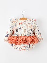 Dog Print Girls Long Sleeve Ruffle Bow Romper