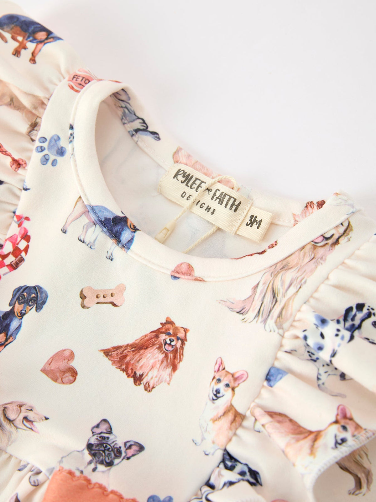 Dog Print Girls Long Sleeve Ruffle Bow Romper