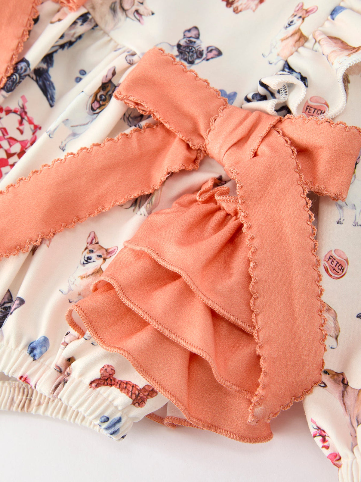 Dog Print Girls Long Sleeve Ruffle Bow Romper