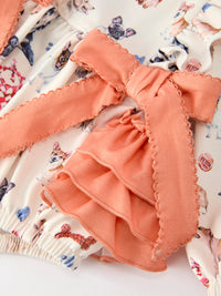 Dog Print Girls Long Sleeve Ruffle Bow Romper