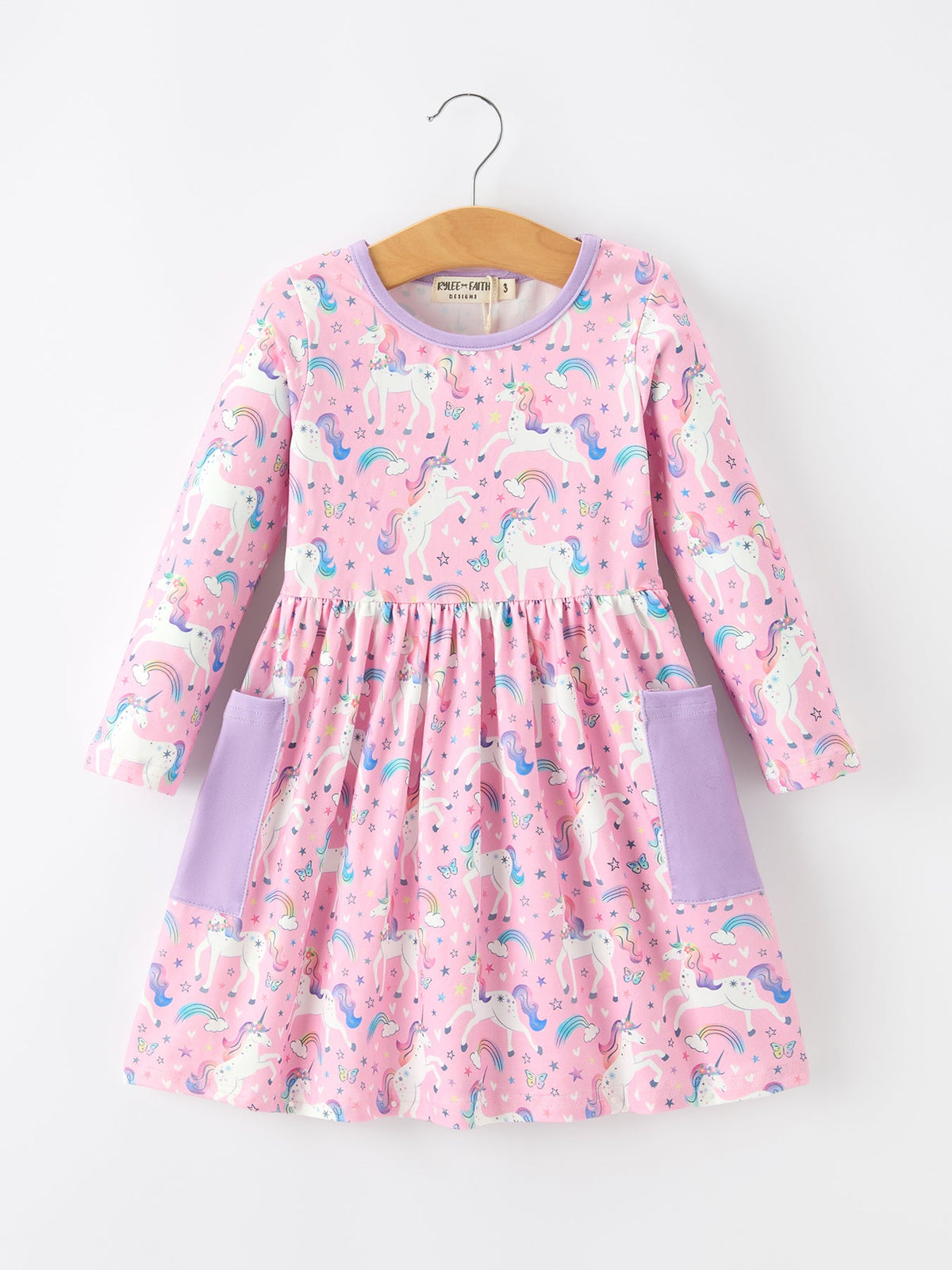 Unicorn Girls Pocket Dress Rainbow Star Print