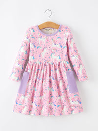 Unicorn Girls Pocket Dress Rainbow Star Print