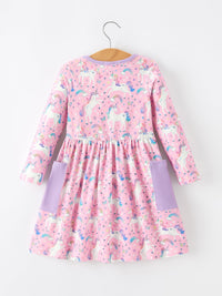 Unicorn Girls Pocket Dress Rainbow Star Print