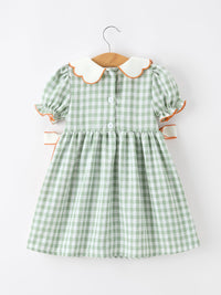 Fall Plaid Girls Dress Pumpkin Bow Smocked Peter Pan Collar