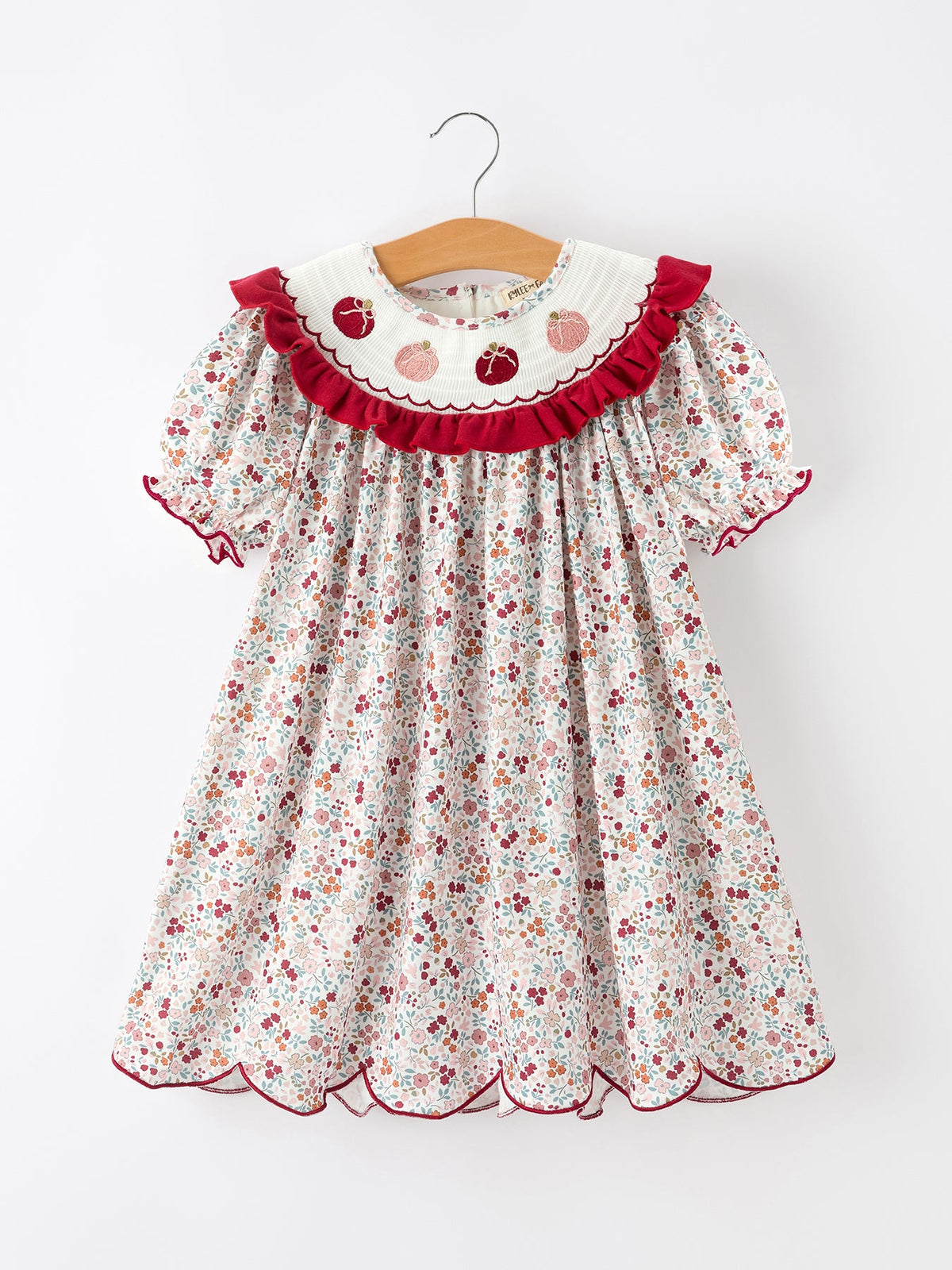 Pumpkin Embroidery Girls Dress Floral Ruffle Collar Dress