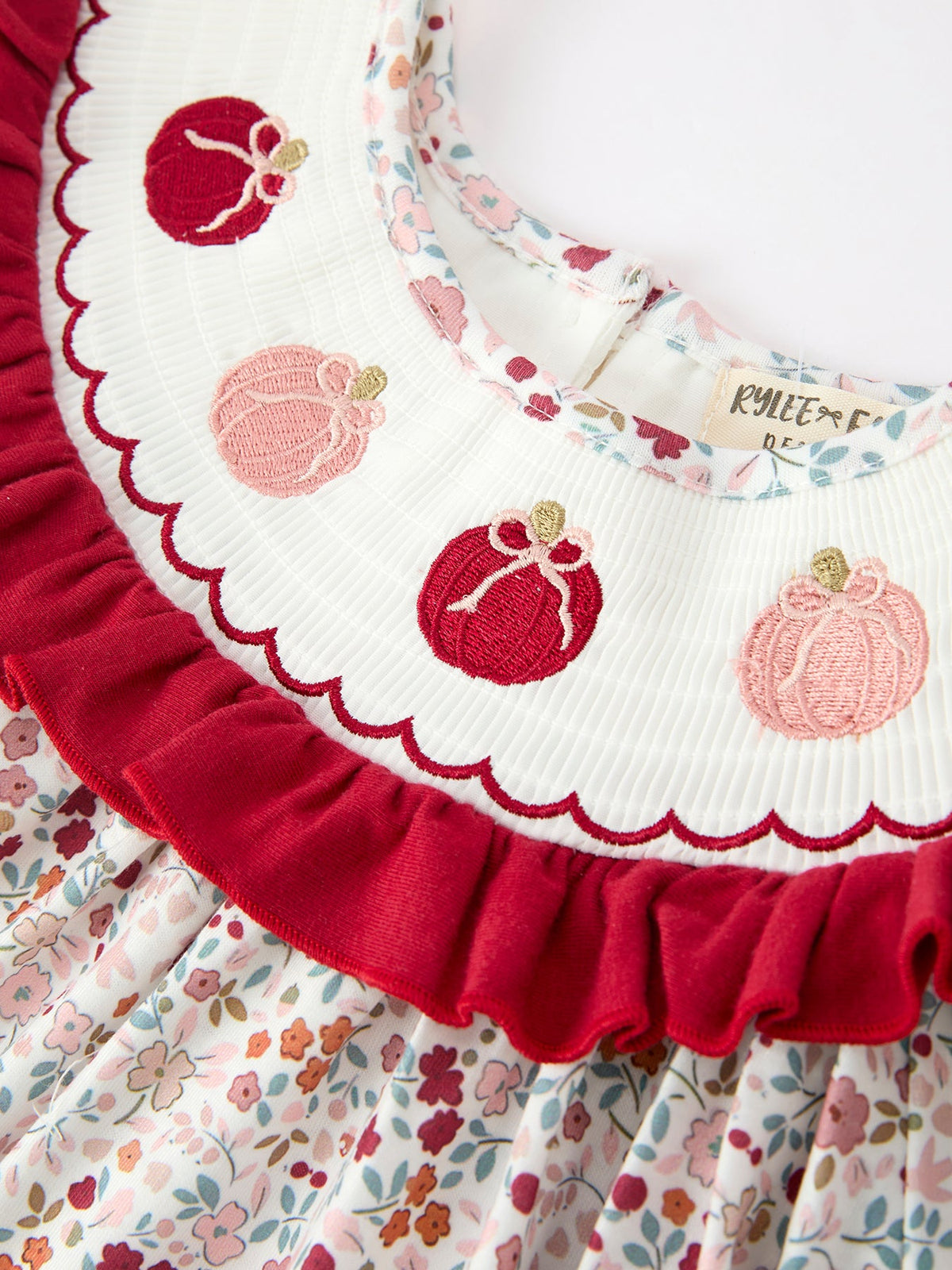 Pumpkin Embroidery Girls Dress Floral Ruffle Collar Dress