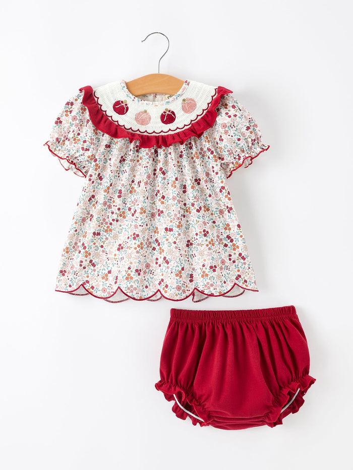 Pumpkin Embroidery Baby Girl Outfit Set Red Bloomer Set
