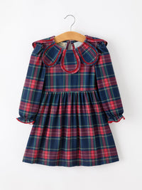 Fall Plaid Girl Dress Petal Collar Puff Sleeve Long Sleeve