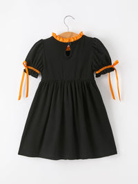 Girls Halloween Dog Pumpkin Embroidered Dress Puff Sleeve