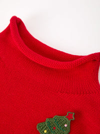Christmas Red Knit Sweater with Embroidered Tree Appliqué
