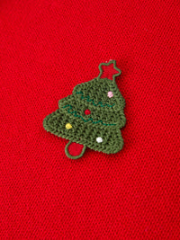 Christmas Red Knit Sweater with Embroidered Tree Appliqué