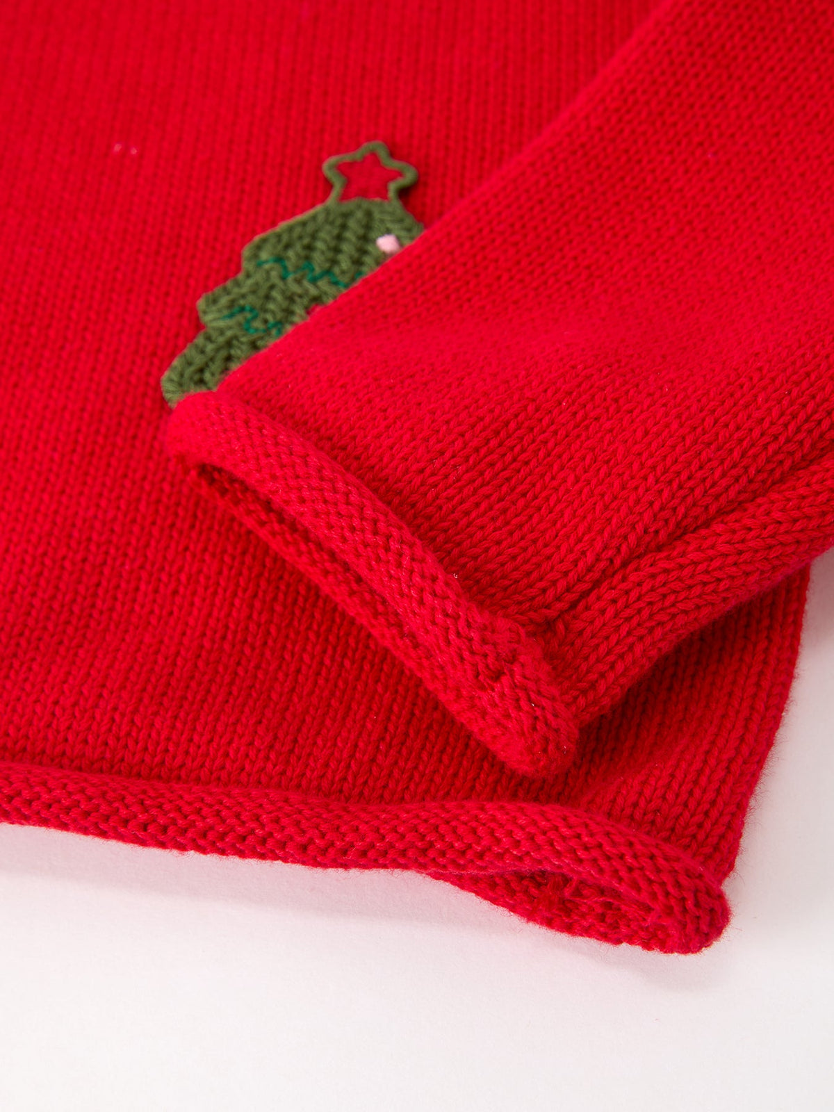 Christmas Red Knit Sweater with Embroidered Tree Appliqué