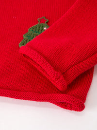 Christmas Red Knit Sweater with Embroidered Tree Appliqué