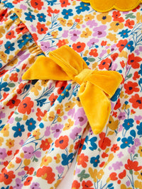 Floral Girls Dress Yellow Velvet Collar Bow Puff Sleeve Dress