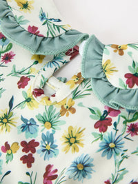 Green Floral Girls Dress Petal Collar Bow Waist Puff Sleeve Dress