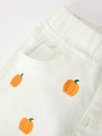 Girls Pumpkin Embroidered Wide-Leg Pants Fall Scallop Hem Casual Pants