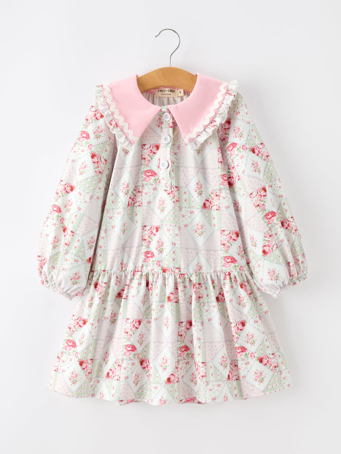 Fall Floral Peter Pan Collar Ruffle Long-sleeved Dress