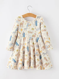 Nativity Print Twirl Long Sleeve Dress