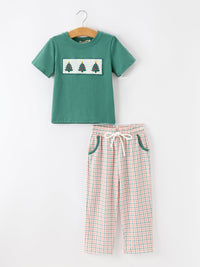 Christmas Embroidered T-Shirt & Plaid Pants Set
