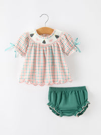 Christmas Plaid Smocked Bloomers Set with Tree Embroidery
